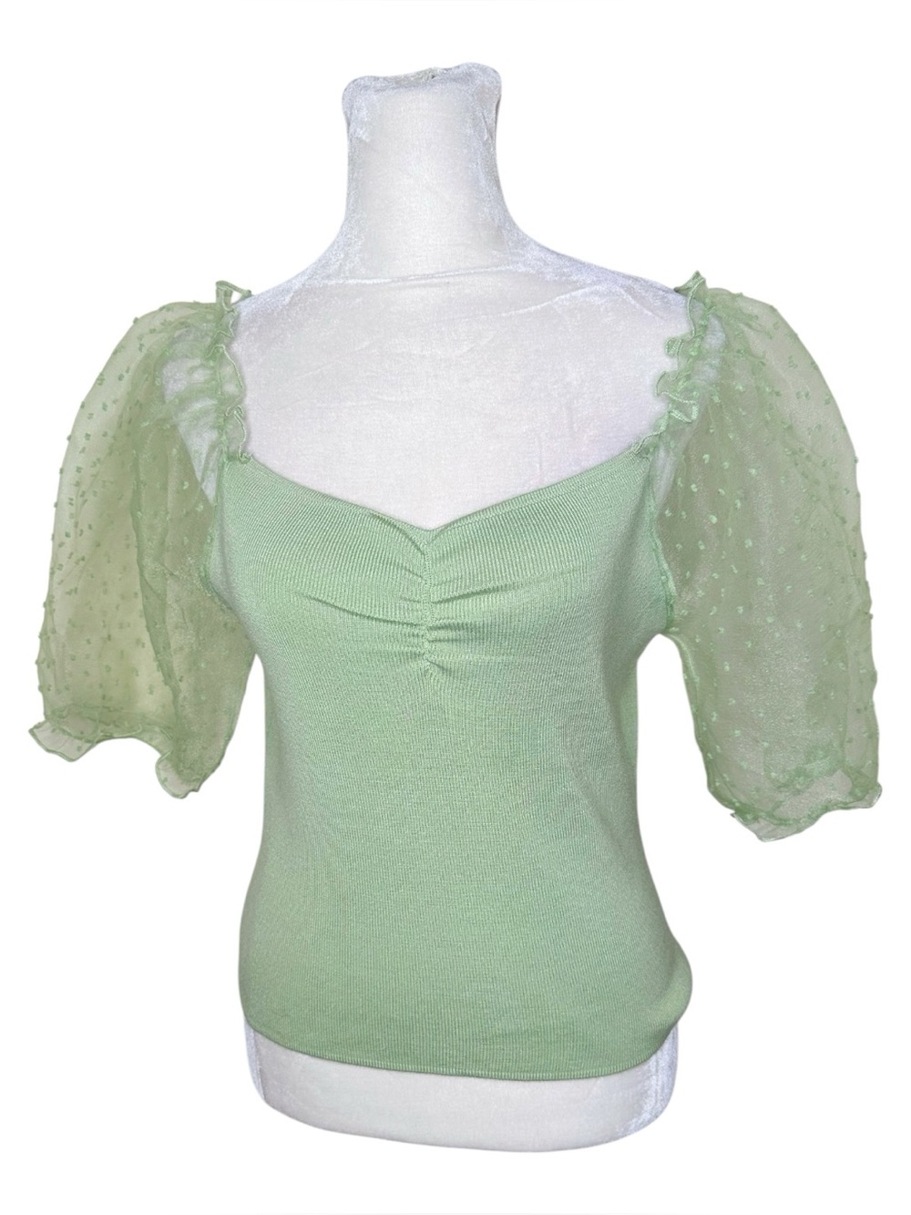 Y2K Green Babydoll Top Sheer Shimmer Puff Sleeves Size Large Fairycore Coquette